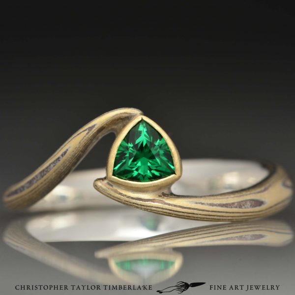 Mokume Gane Engagement Ring - Mokumé ring 18k karat yellow gold and sterling silver etched trillion cut tsavorite center stone sterling silver inner band