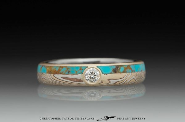 mokume gane - mokume gane diamond engagement ring with turquoise stone inlay